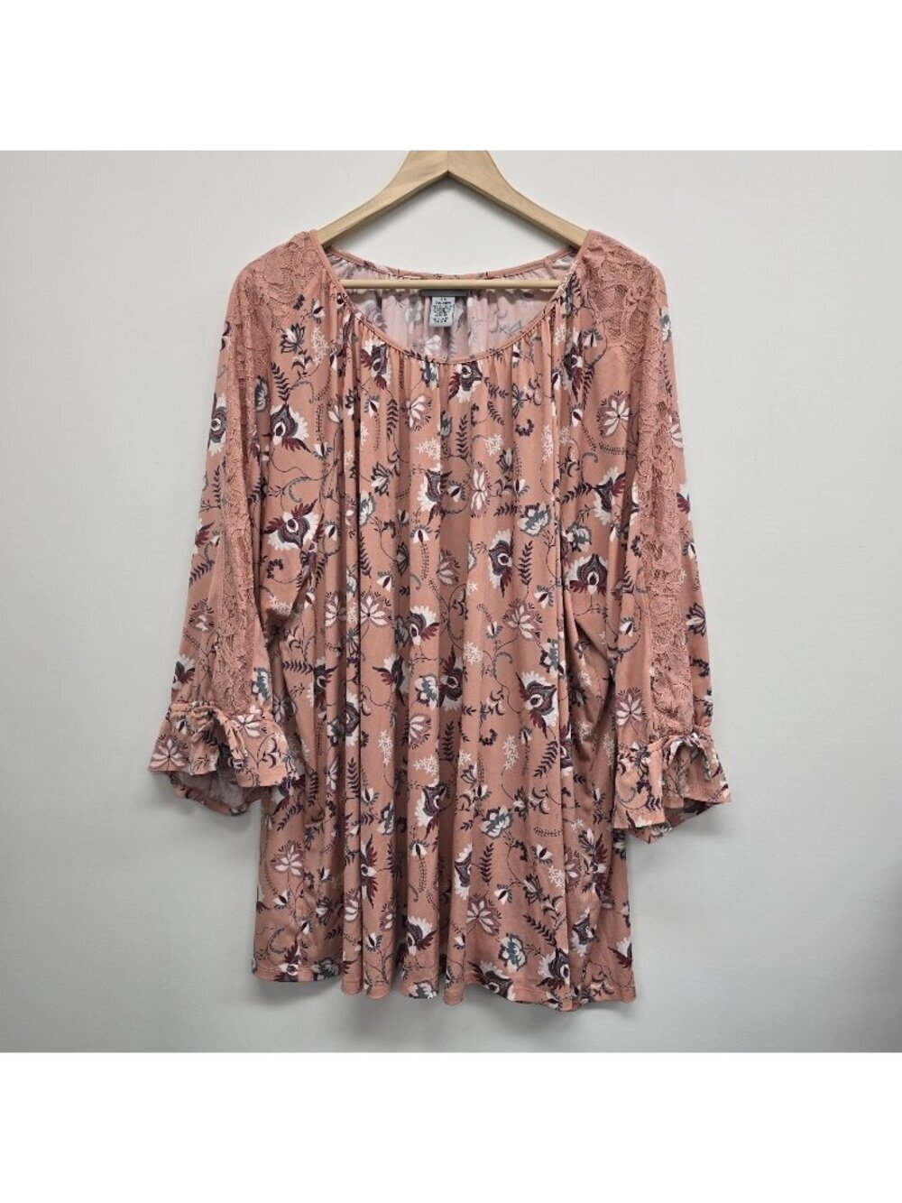 Catherines Floral Printed Blouse Top 4X Lace Trim Gathered Sleeve Tie Stretch